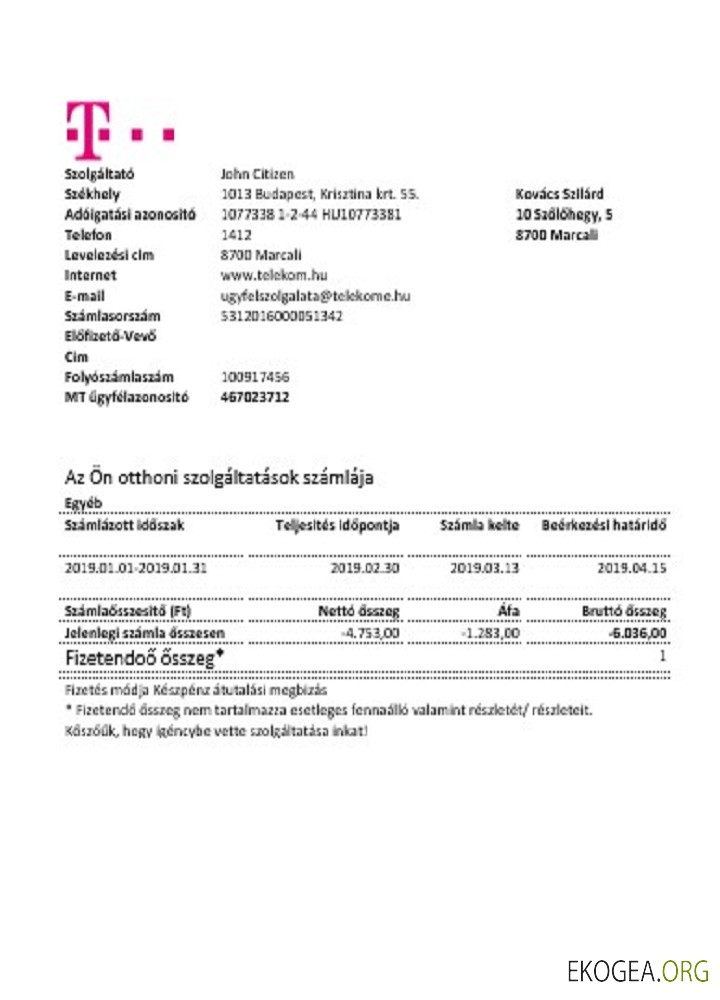 Hungary Magyartel utility bill